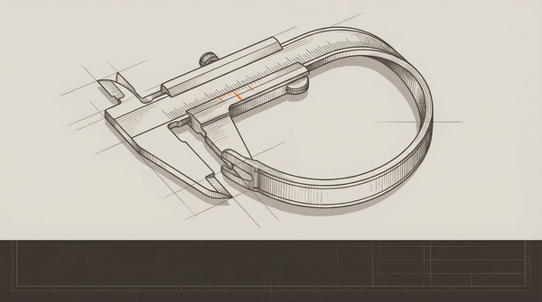 A vernier caliper bent back on itself, jaws measuring their own body. Survey-marker orange calibration mark on the scale.