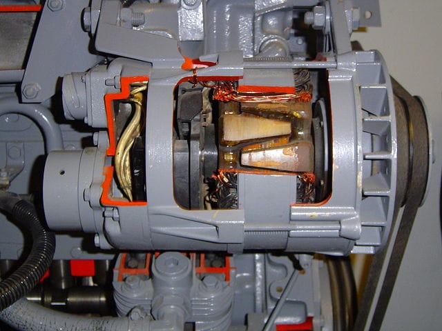 Cut-away of an alternator. Piero, CC BY-SA 3.0, via Wikimedia Commons