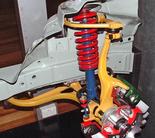 Double wishbone suspension; arms and knuckles painted yellow. RB30DE, CC BY-SA 3.0, via Wikimedia Commons