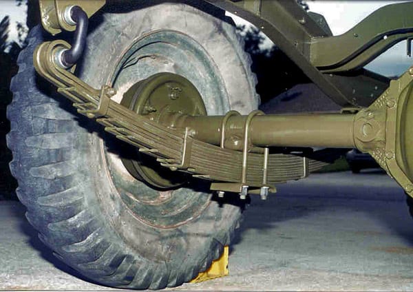 A traditional leaf spring arrangement. Jim Gill, Public domain, via Wikimedia Commons