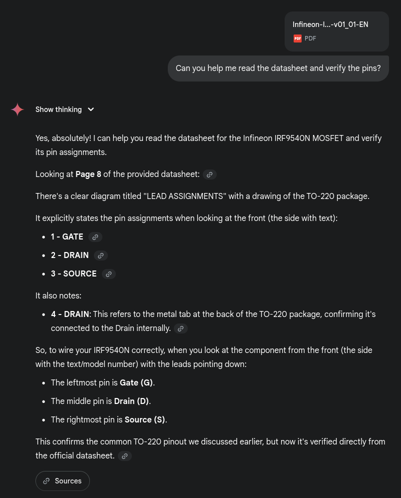 AI helping me verify how to connect the MOSFET