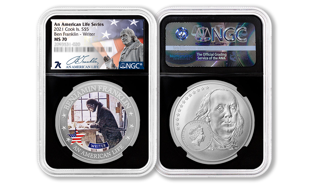 2021 An American Life Series Benjamin Franklin Writer MS70 Half Ounce Silver Coin