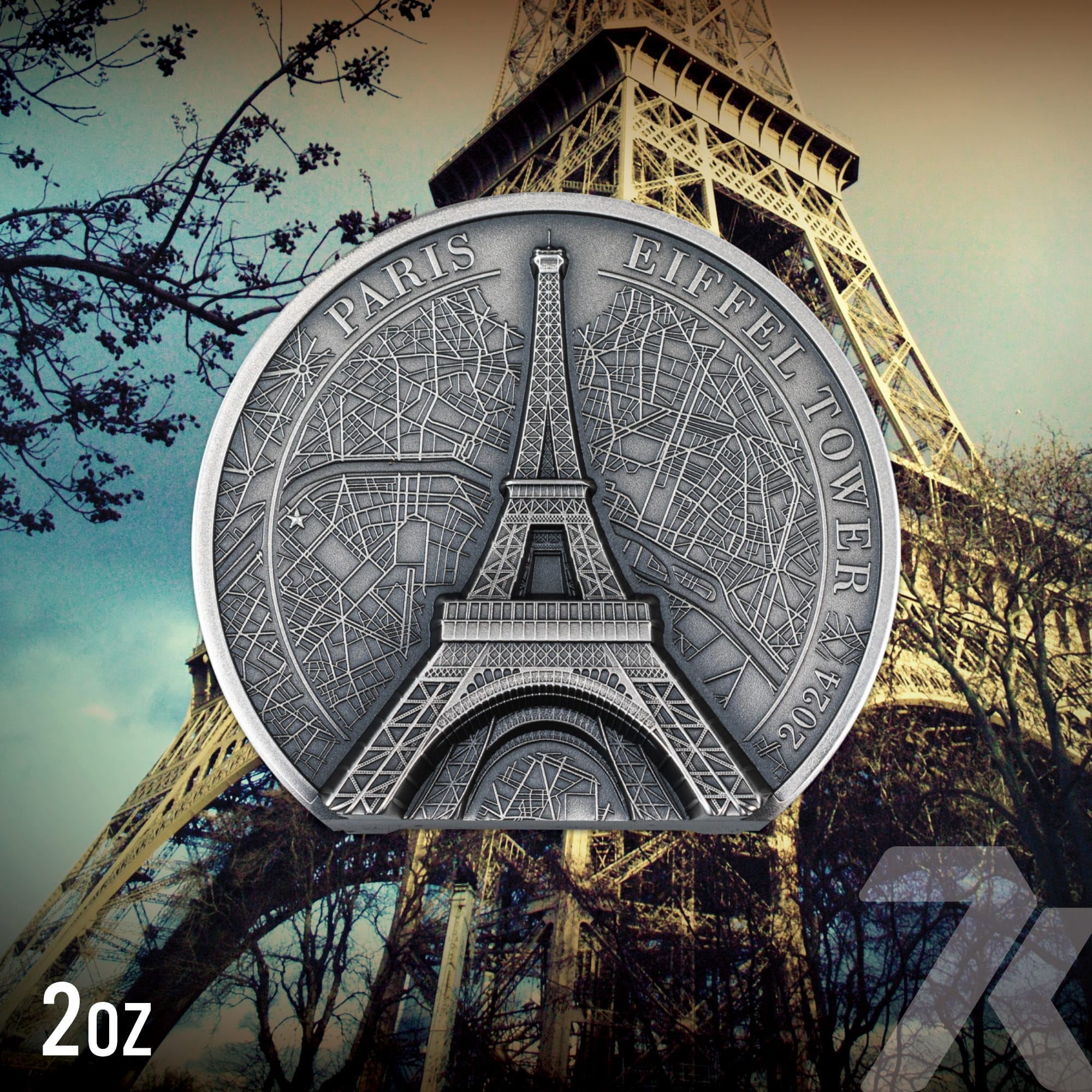 2024 Historical Monuments – Eiffel Tower 2-oz silver coin MS70