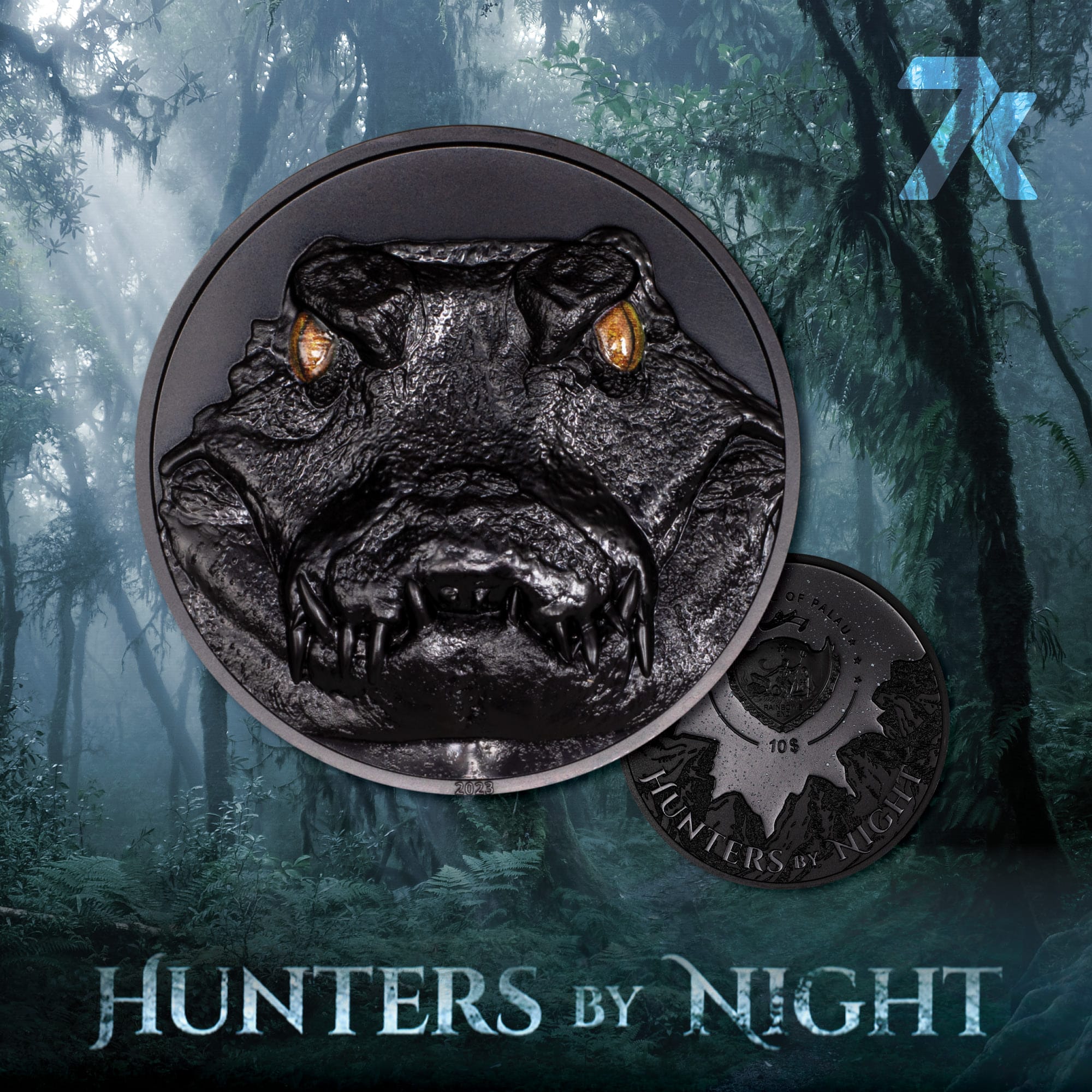 2023 Hunters by Night – Caiman 2-oz silver coin PF70 and PF69