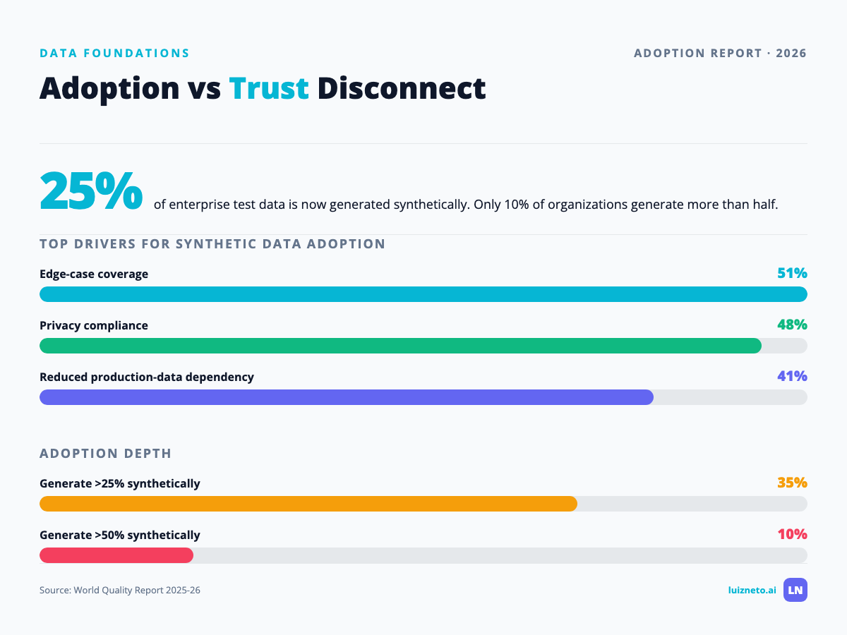 Enterprise synthetic data adoption drivers showing 51% edge-case and 48% privacy with trust disconnect