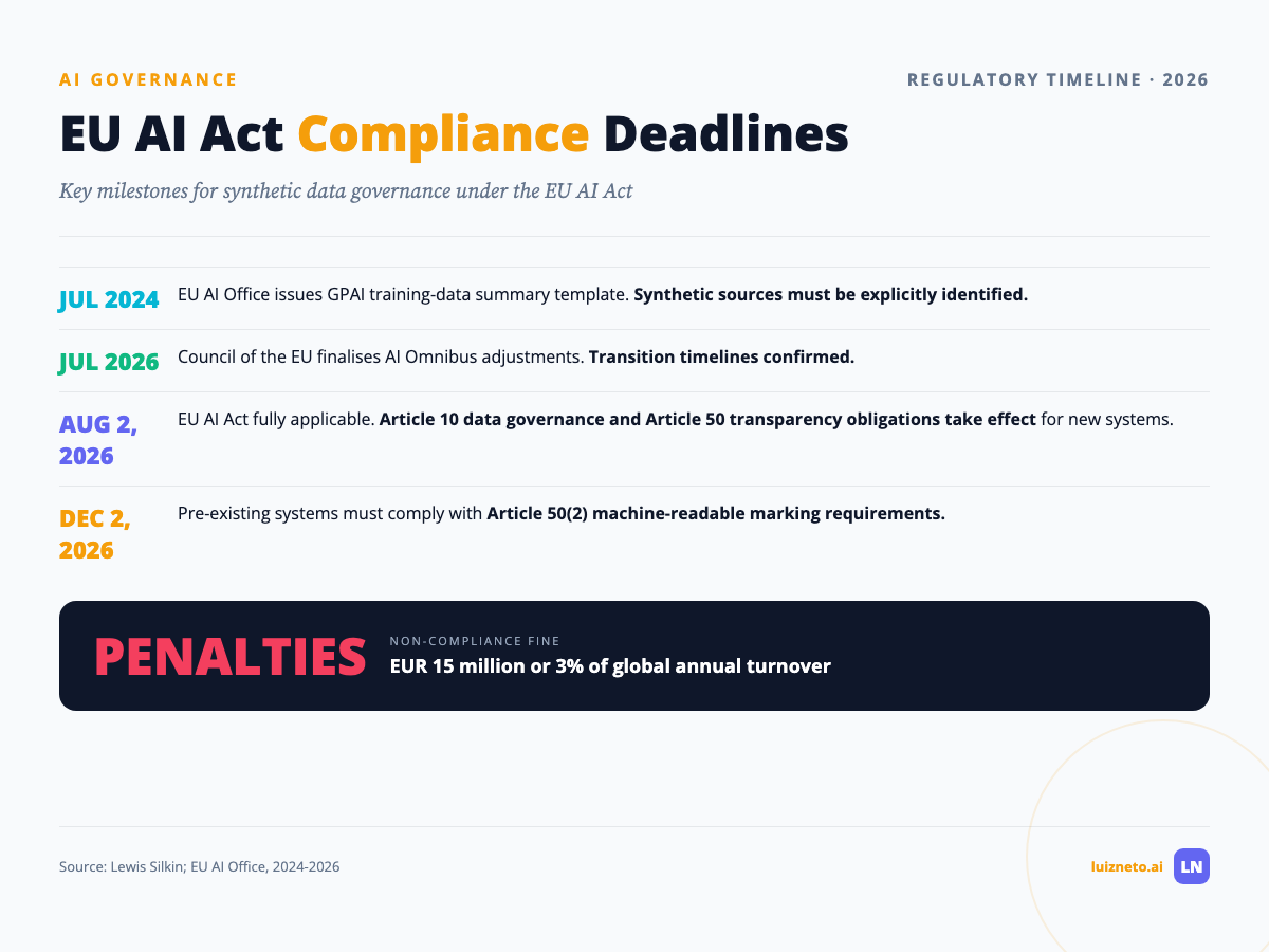 EU AI Act compliance timeline for synthetic data showing July 2024 through December 2026 milestones and penalty structure