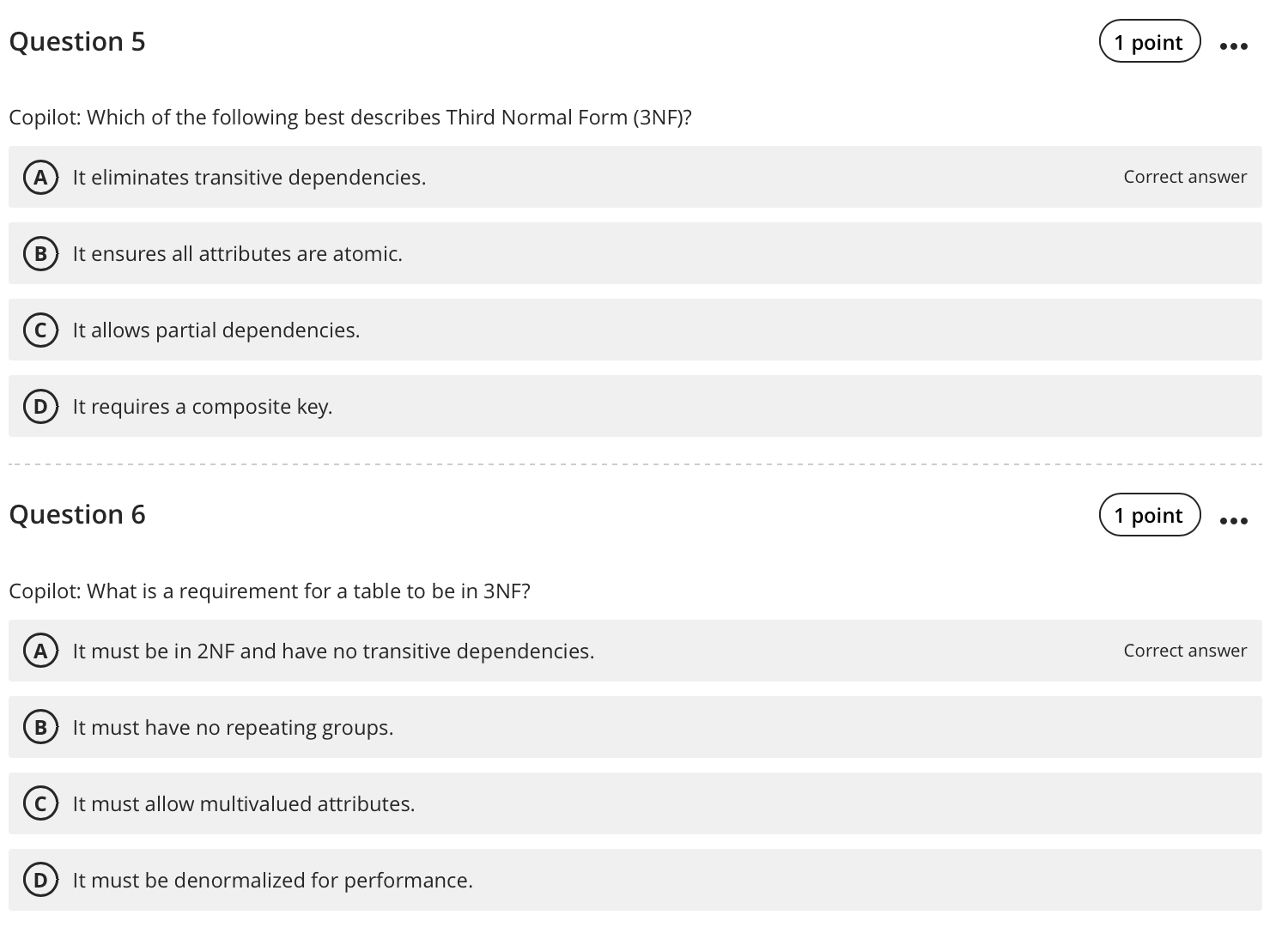 Screenshot of two questions generated by Copilot. The first asks "Which of the following best describes Third Normal Form (3NF)? and the second asks: "What is a requirement for a table to be in 3NF?"