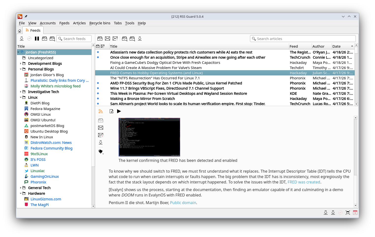 The RSS Guard interface showing an article from Hackaday open.