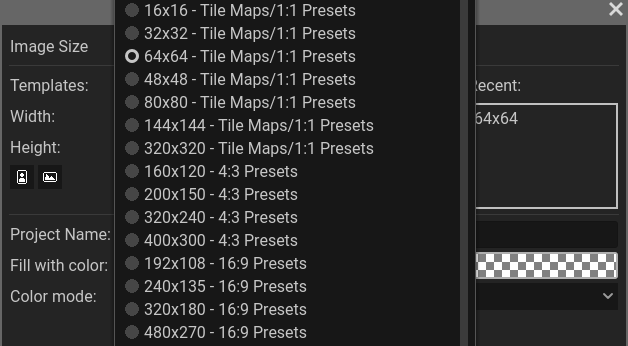The Pixelorama project creation menu with several preset templates available.