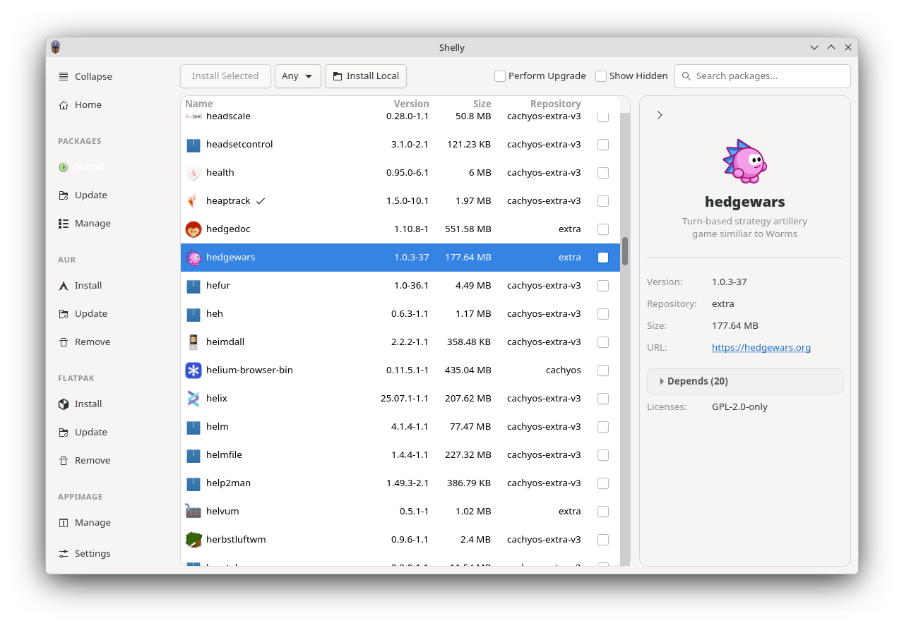 The Shelly package manager with the Arch package browser view open and the details for the hedgewars package in the right-hand pane.