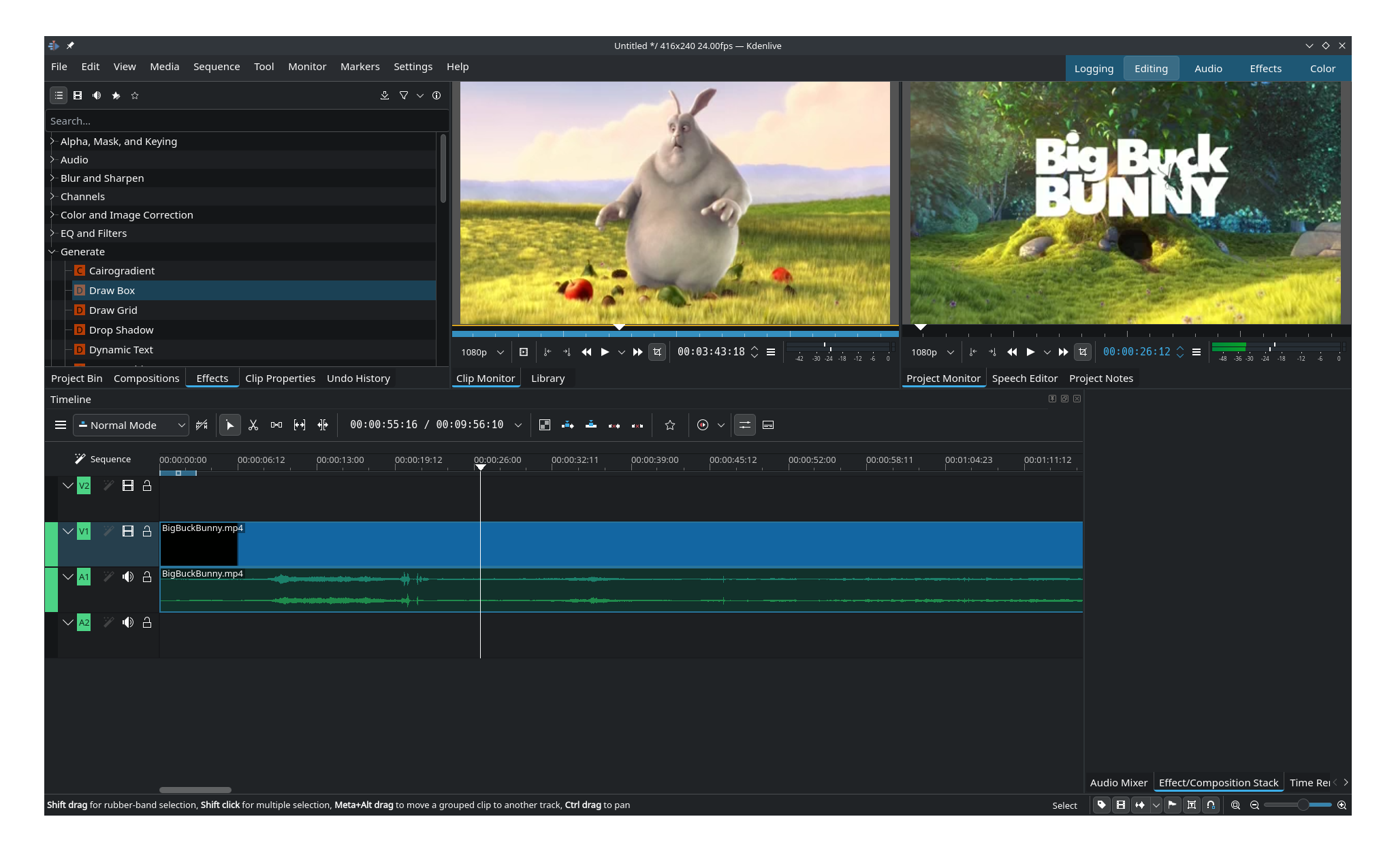 The Kdenlive video editor interface, showing Big Buck Bunny being edited in the timeline.