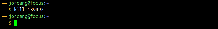 A Linux terminal showing a "kill 139492" command with no output.