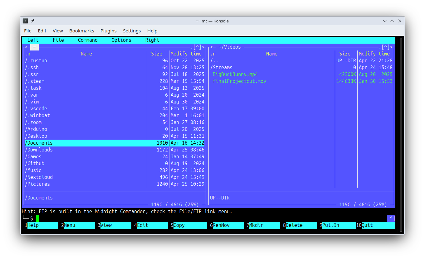 The Midnight Commander (mc) application runing in a Konsole terminal window, showing several files and directories in two panes with a command prompt below them..