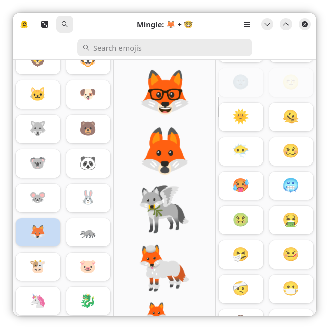 The Mingle app showing the fox emoji being combined with the glasses face emoji to produce a fox wearing glasses.