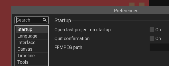 The Pixelorama preferences menu with a search bar in the top-left corner.