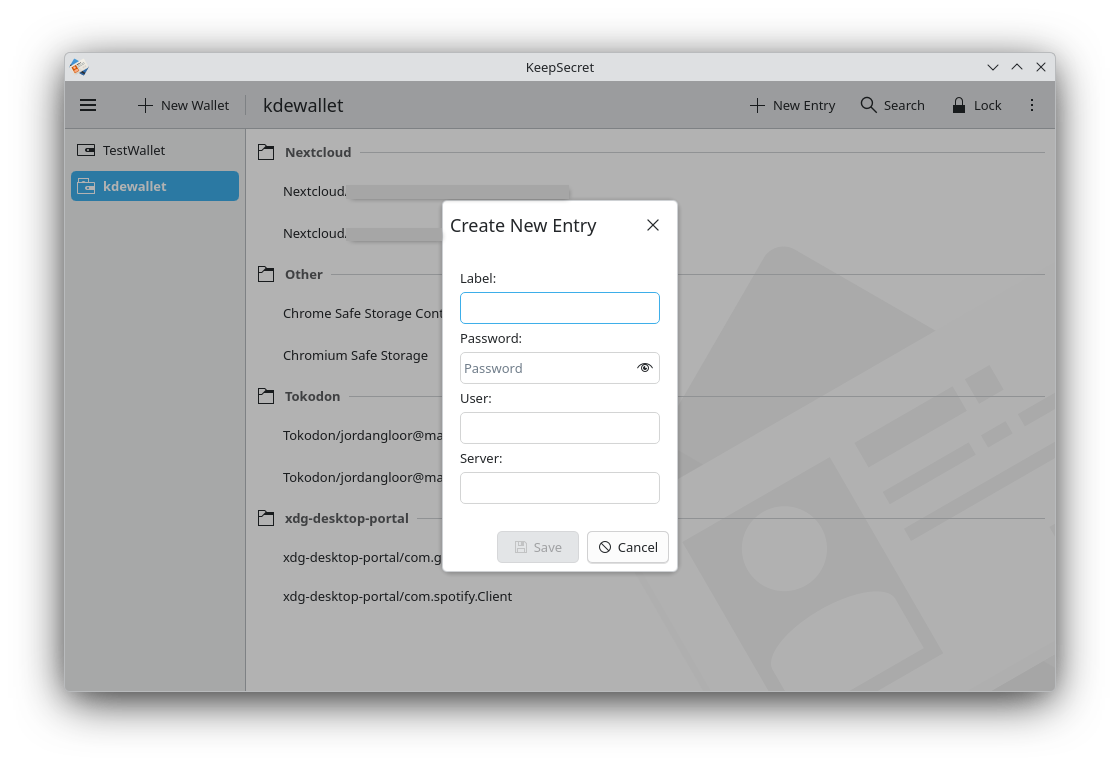 The KeepSecret app with a Create New Entry dialog visible with Label, Password, User, and Server fields.
