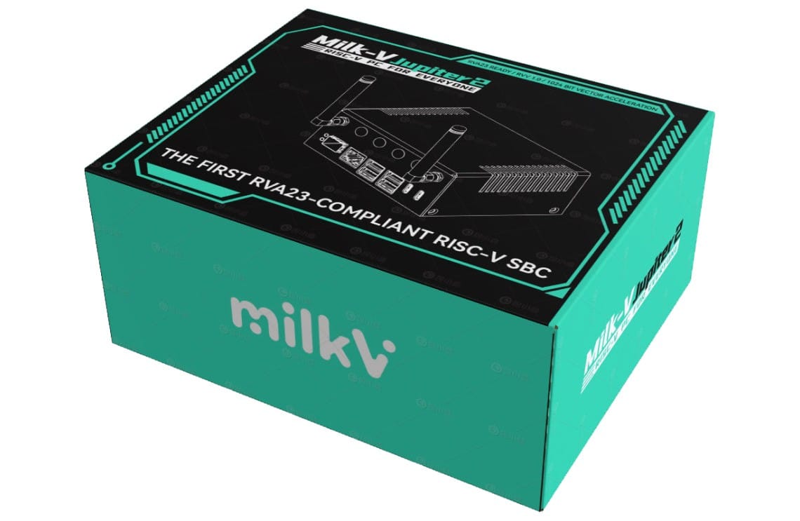 The Milk-V Jupiter 2 packaging, with a diagram of the enclosure's rear view along with text reading "The first RVA23-compliant RISC-V SBC."