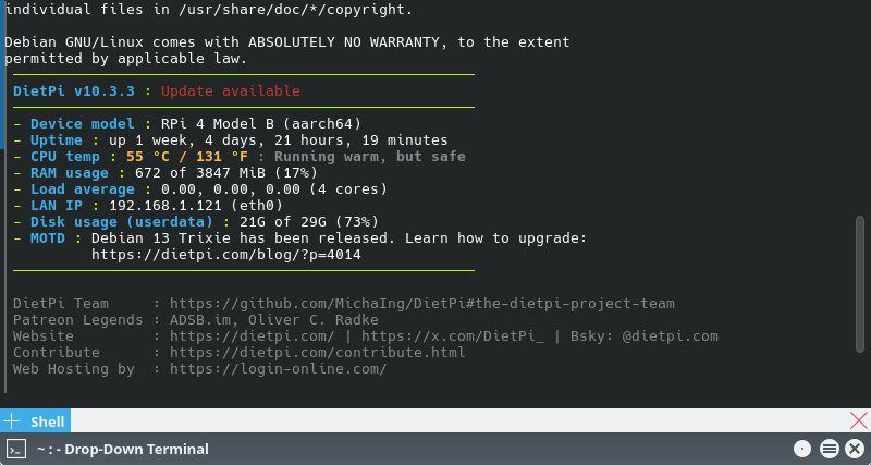 A Yakuake drop-down terminal showing a DietPi login page with a prompt to update from DietPi version 10.3.3.