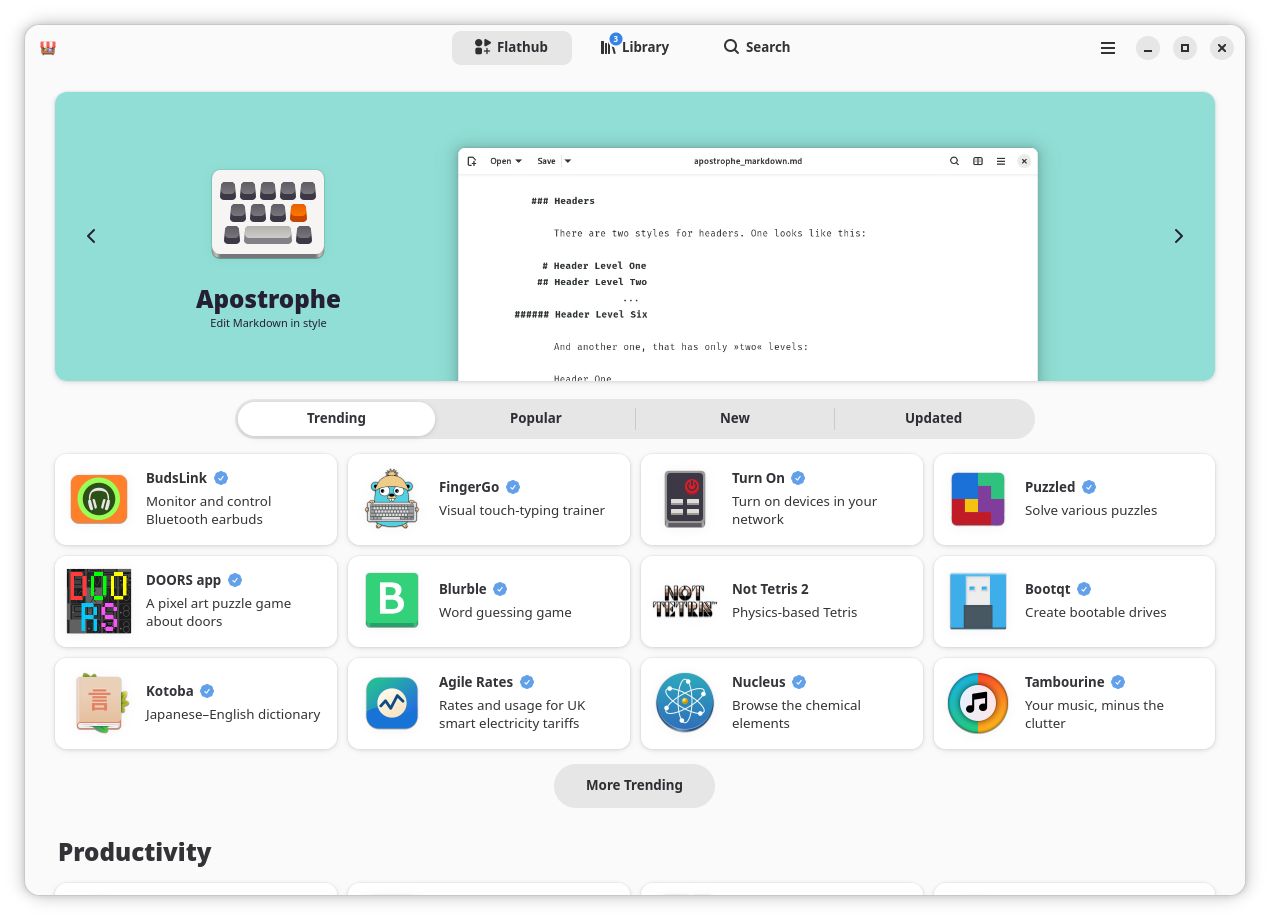 The Bazaar Linux app home page showing a variety of software options.