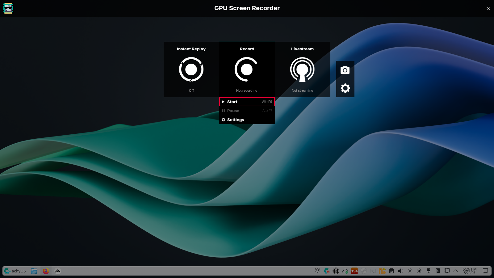 The GPU Screen Recorder app's new interface, showing large buttons for Instant Replay, Record, and Livestream functions on a KDE Plasma desktop.
