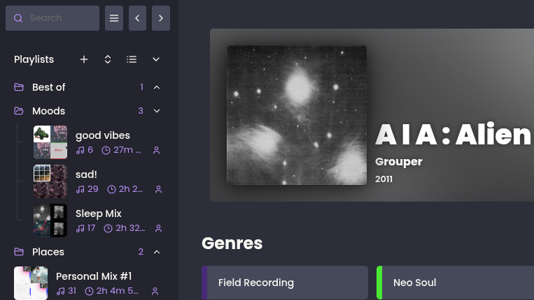 A cropped screenshot of the Feishin app, showing the left-hand sidebar with playlists organized into folders.