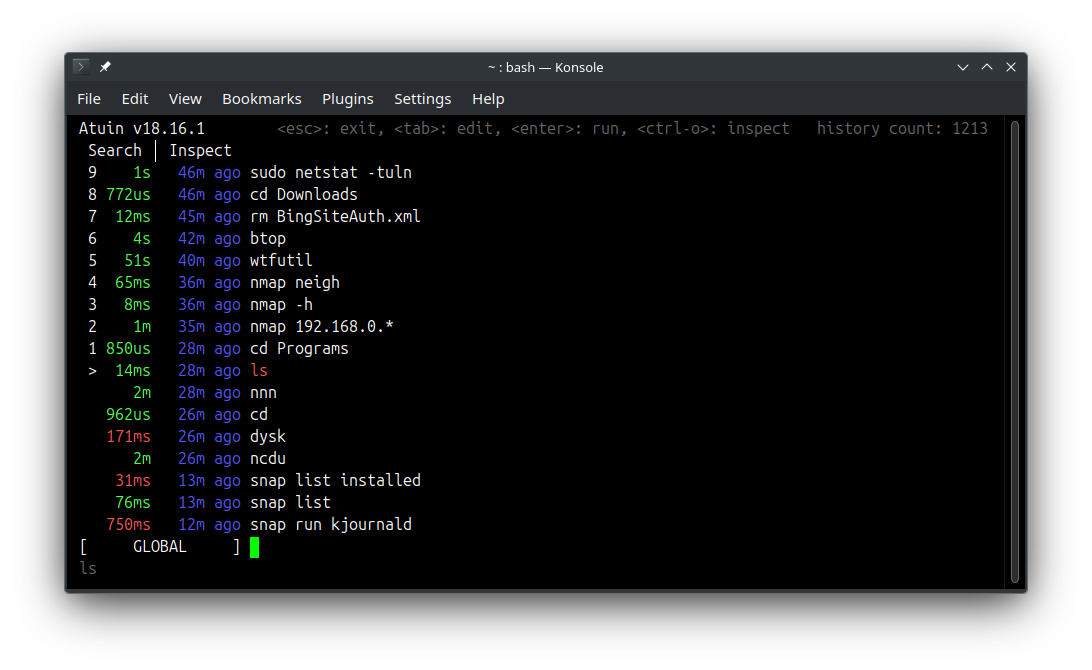 A Konsole terminal showing command history with the Atuin interface.