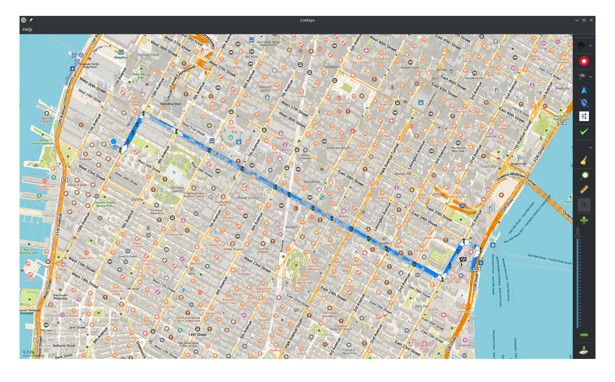 The Comaps desktop app showing a route planned in New York City.