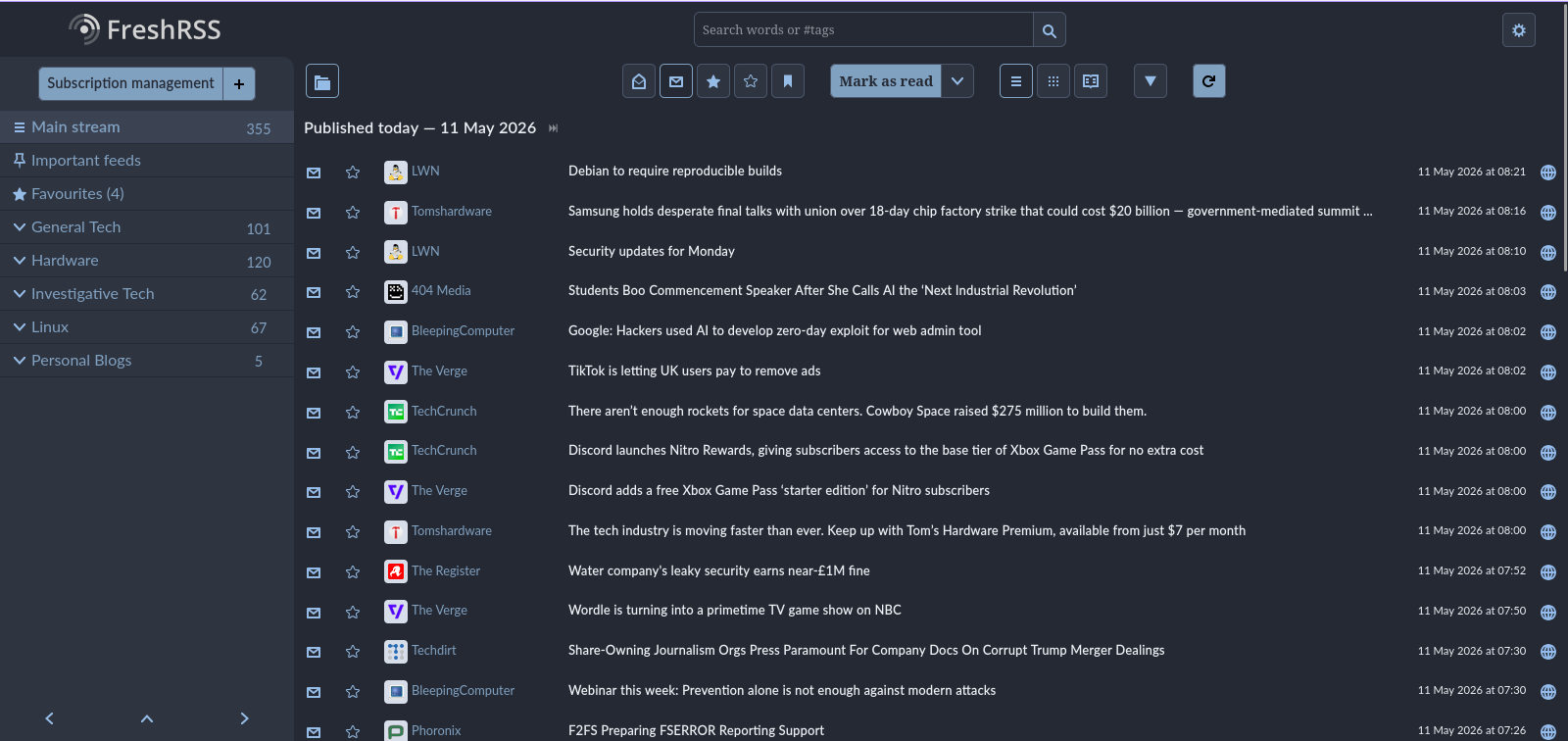 The FreshRSS web interface using the Nord theme.