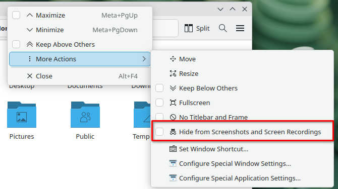 The context menu for a window in Plasma 6.7, with a red box around the option to "Hide from screenshots and screen recordings."