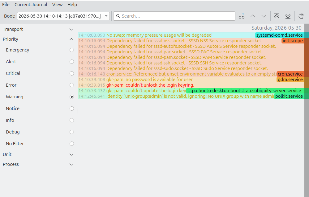 The Journald Browser application interface showing some warning-level logs.