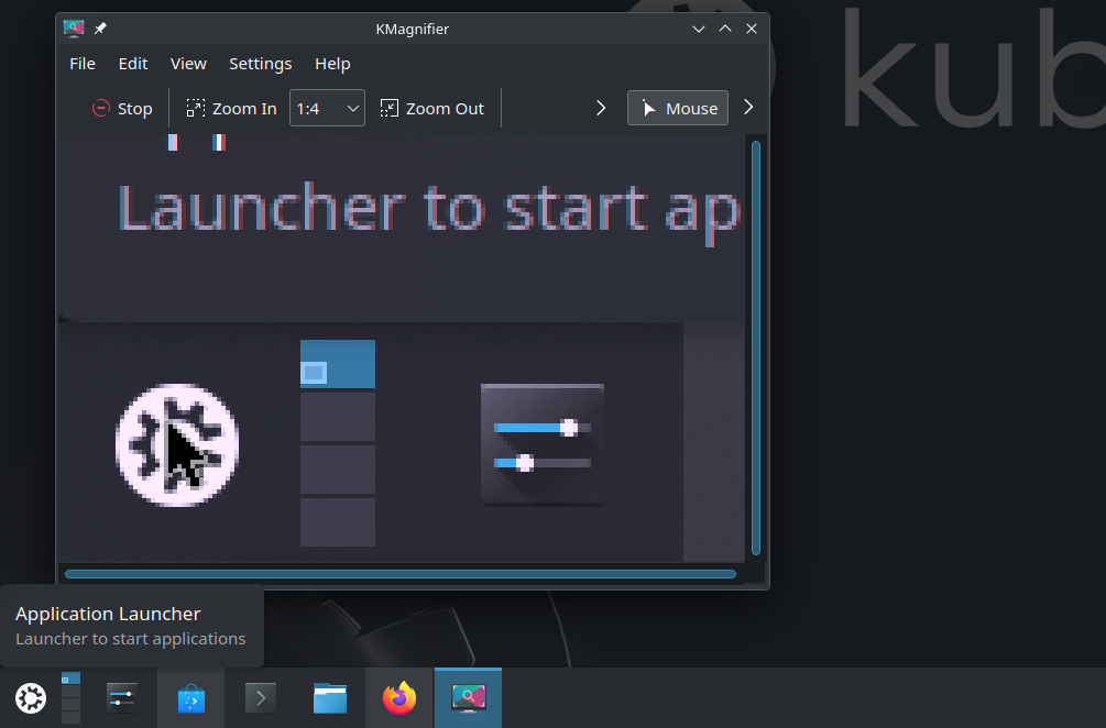 The KMagnifier app on a Kubuntu desktop showing the details of the application launcher button.