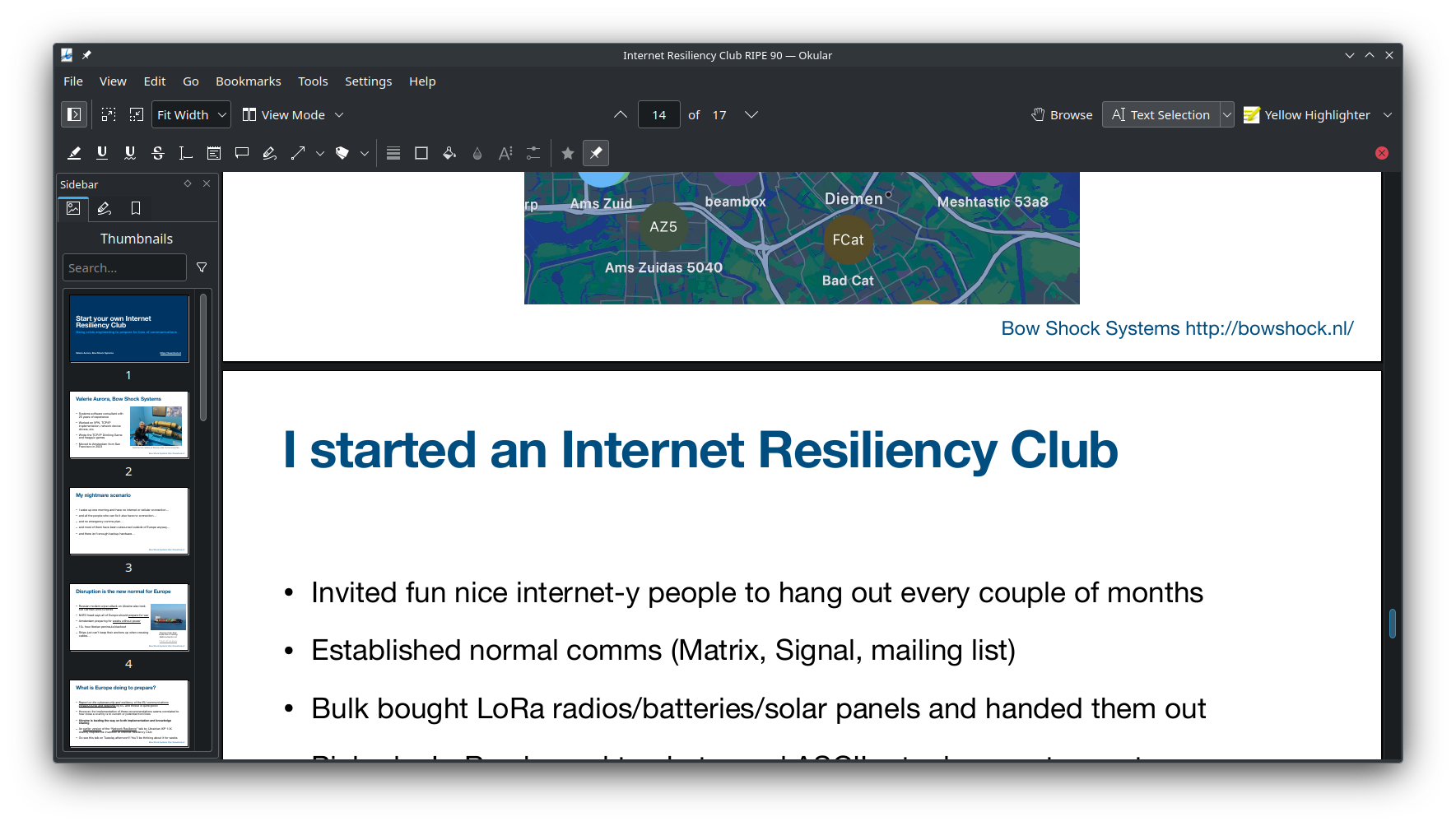 The Okular app showing a PDF with the sidebar open and annotation tools available.
