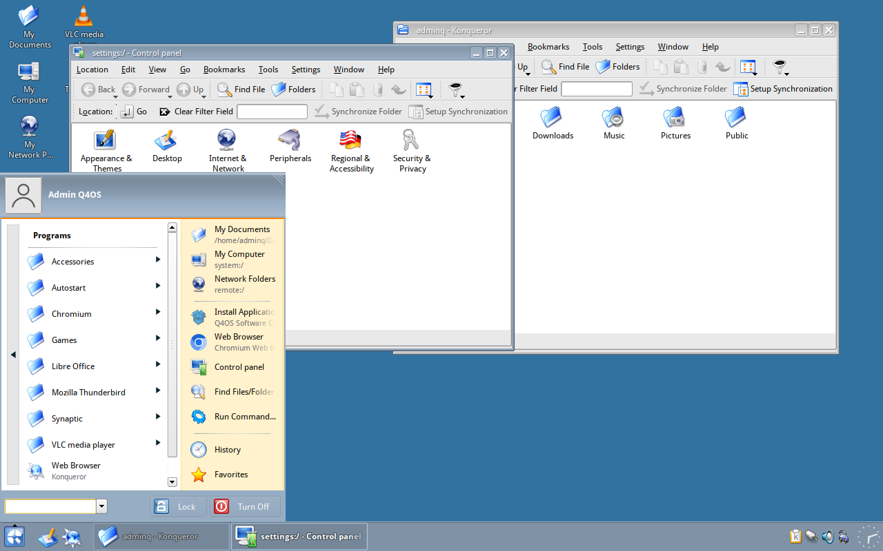 The Q4OS "Aquarius" Linux distribution with the Trinity Desktop Environment installed.