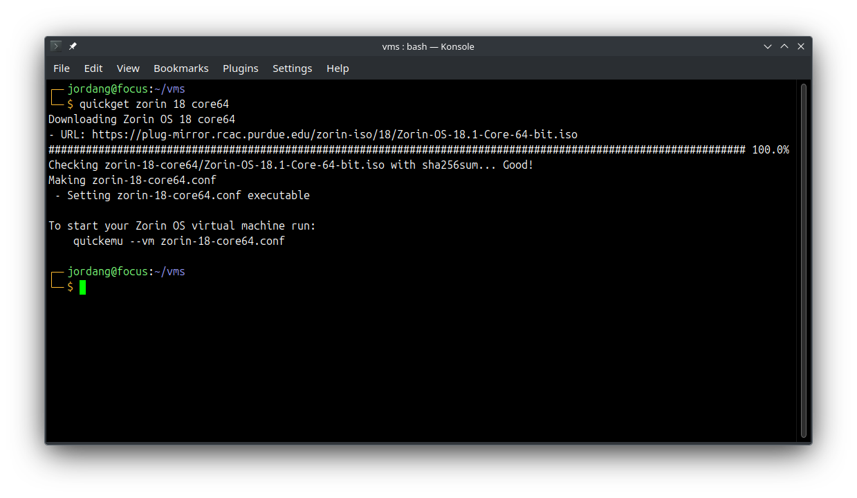 A Linux terminal showing the output of a "quickget zorin 18 core64" command, with a Zorin OS virtual machine created as a result.