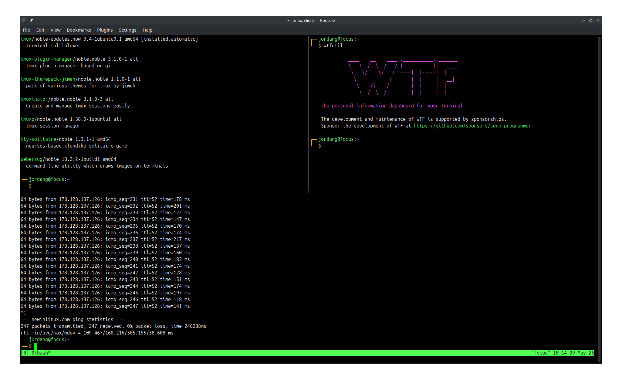 The tmux interface in a terminal emulator window, with three panes open.