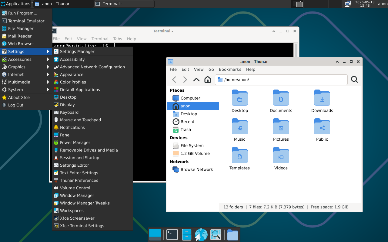 The Void Linux i686 Xfce desktop, showing an application launcher, a terminal, and a file browser window.