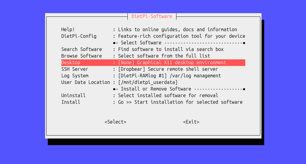 DietPi running in a terminal, with the DietPi-Software menu open.