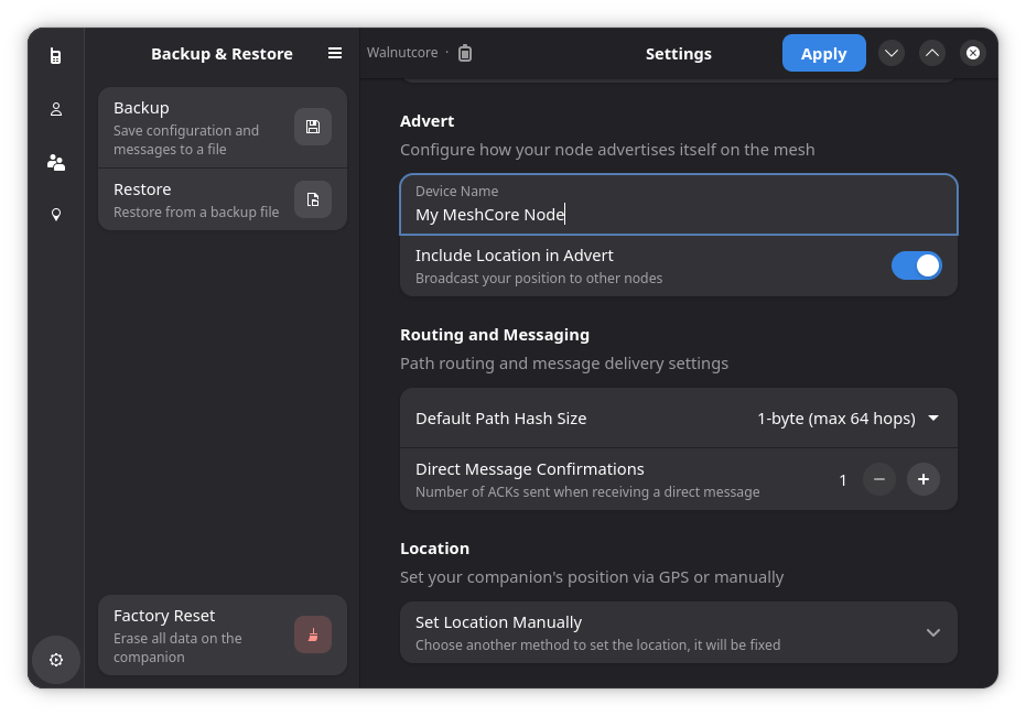 The Meshy application interface being used to edit the Device Name field on the node settings menu.