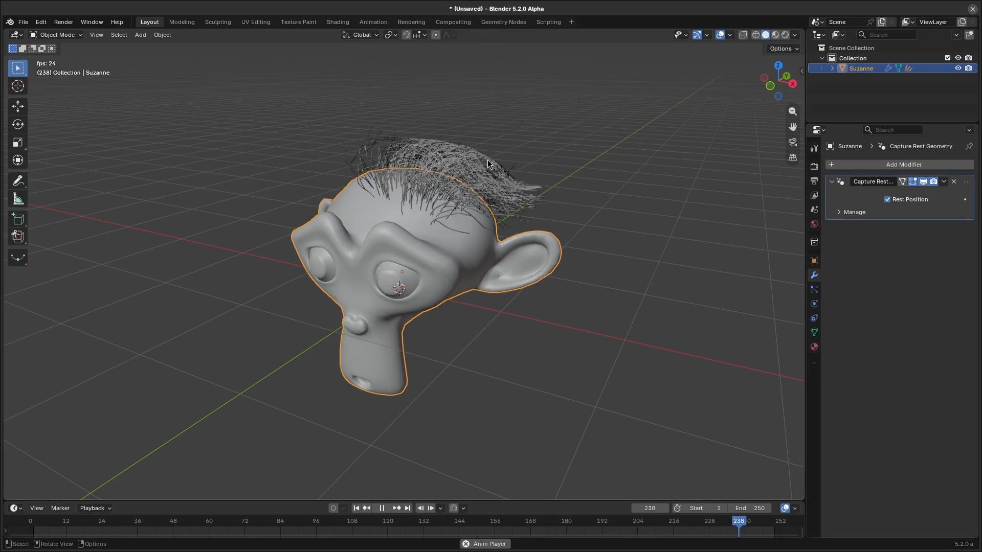 Blender 5.2 LTS being used to animate hair on a monkey head using the new hair physics.