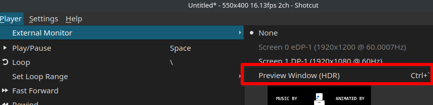 A screenshot of Shotcut v26.6 beta with a red square around the Preview Window (HDR) option.