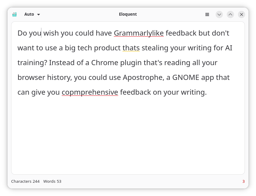 The Apostrophe app being used to check spelling and grammar in a paragraph of text.