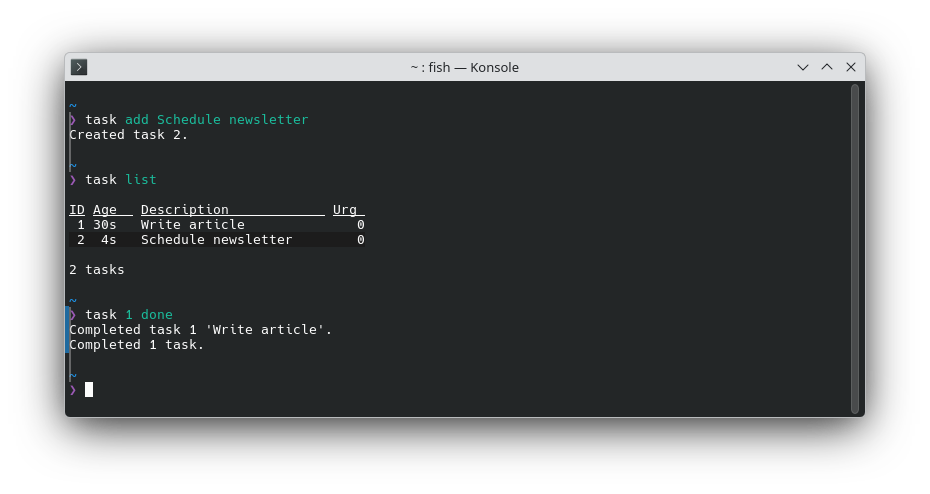 The Taskwarrior command line tool being used to create a to-do list.