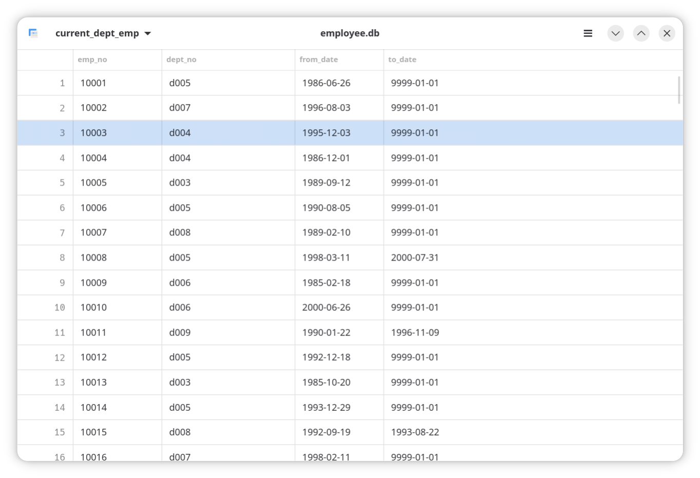 The Bobby app showing information about employees in a DB file.