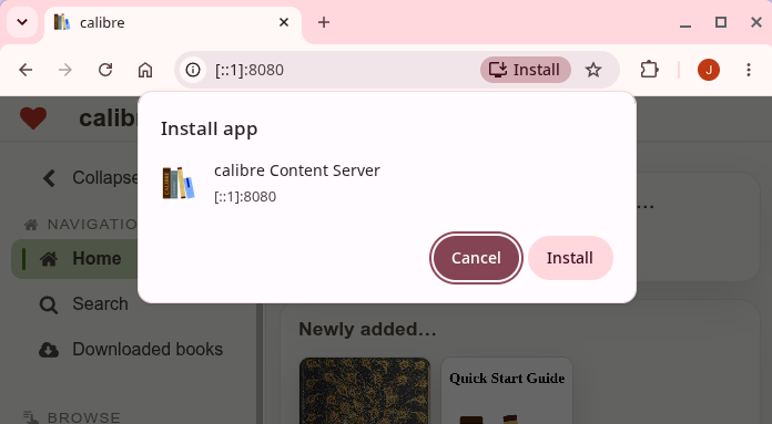 A prompt in Google Chrome to install the Calibre web server as an app.