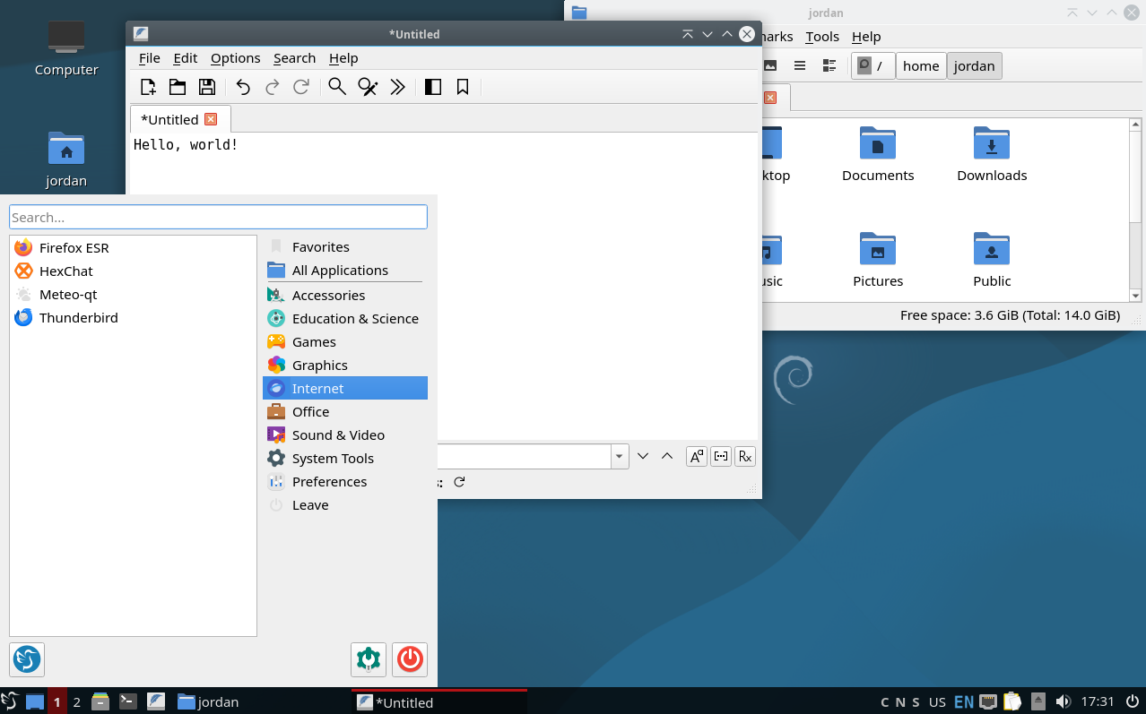 Debian 13 "Trixie" being run with the LXQT desktop environment, with several applications open.