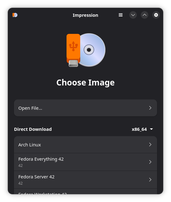 The Impression application with a menu of image installation options.