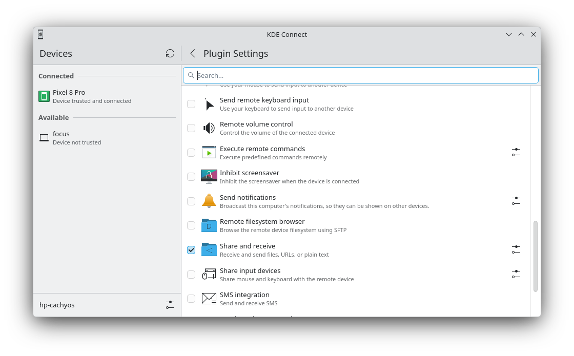 The KDE Connect desktop app with the Plugin Settings menu open, showing several plugins with various capabilities.