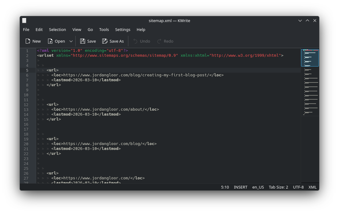 The KWrite application being used to edit an XML file.