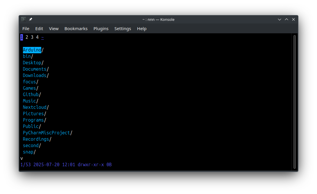 The nnn app in a Konsole terminal emulator, showing several directories.