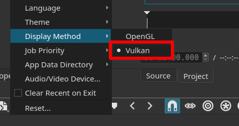 Shotcut's settings menu with the Display Method selected and a red box around the Vulkan option.